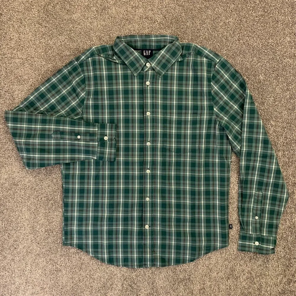Gap Men's Long Sleeves Button Up Green Stretch Plaid Shirt Size M - NWT $49